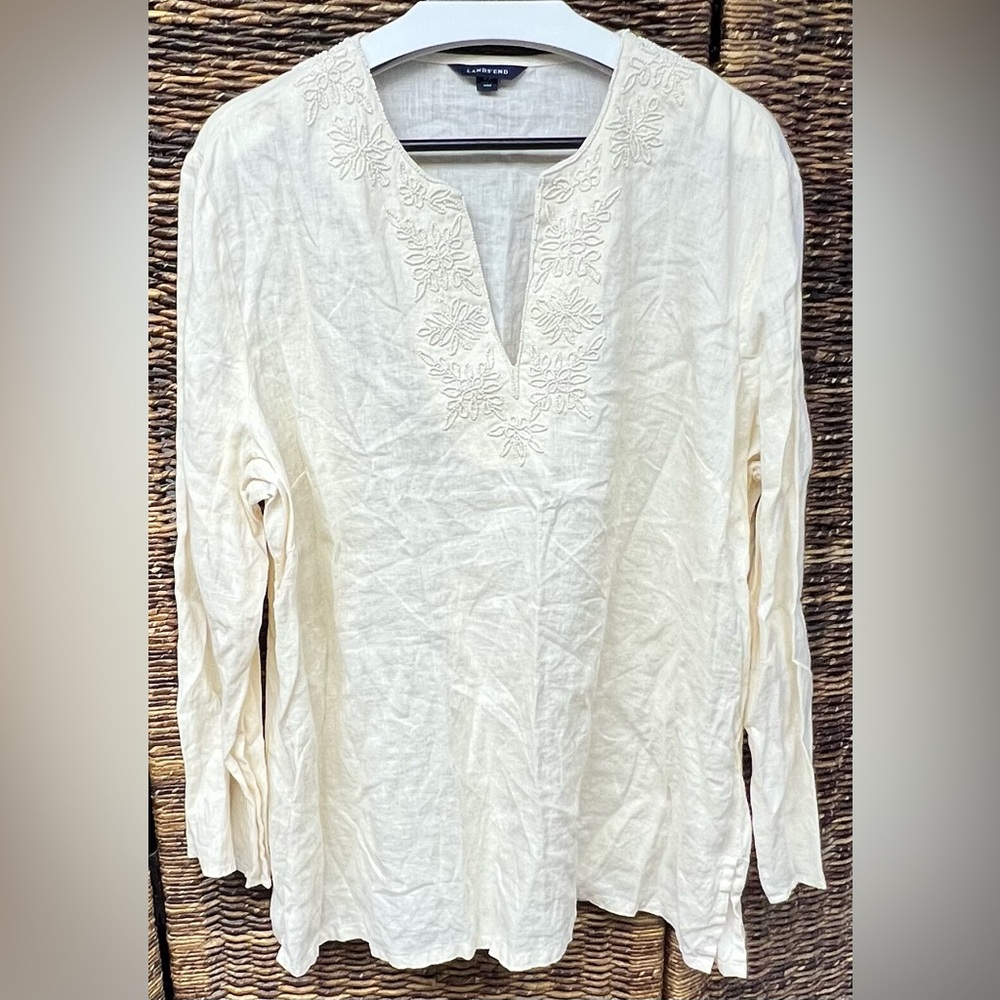 Lands End- Beaded V Neck, Linen, Cream Women's Top- XLarge (18/20)